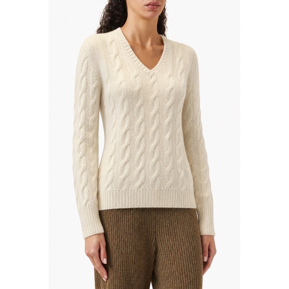 Loro Piana Baby Cashmere V Neck Cable Knit Ivory Sweater
